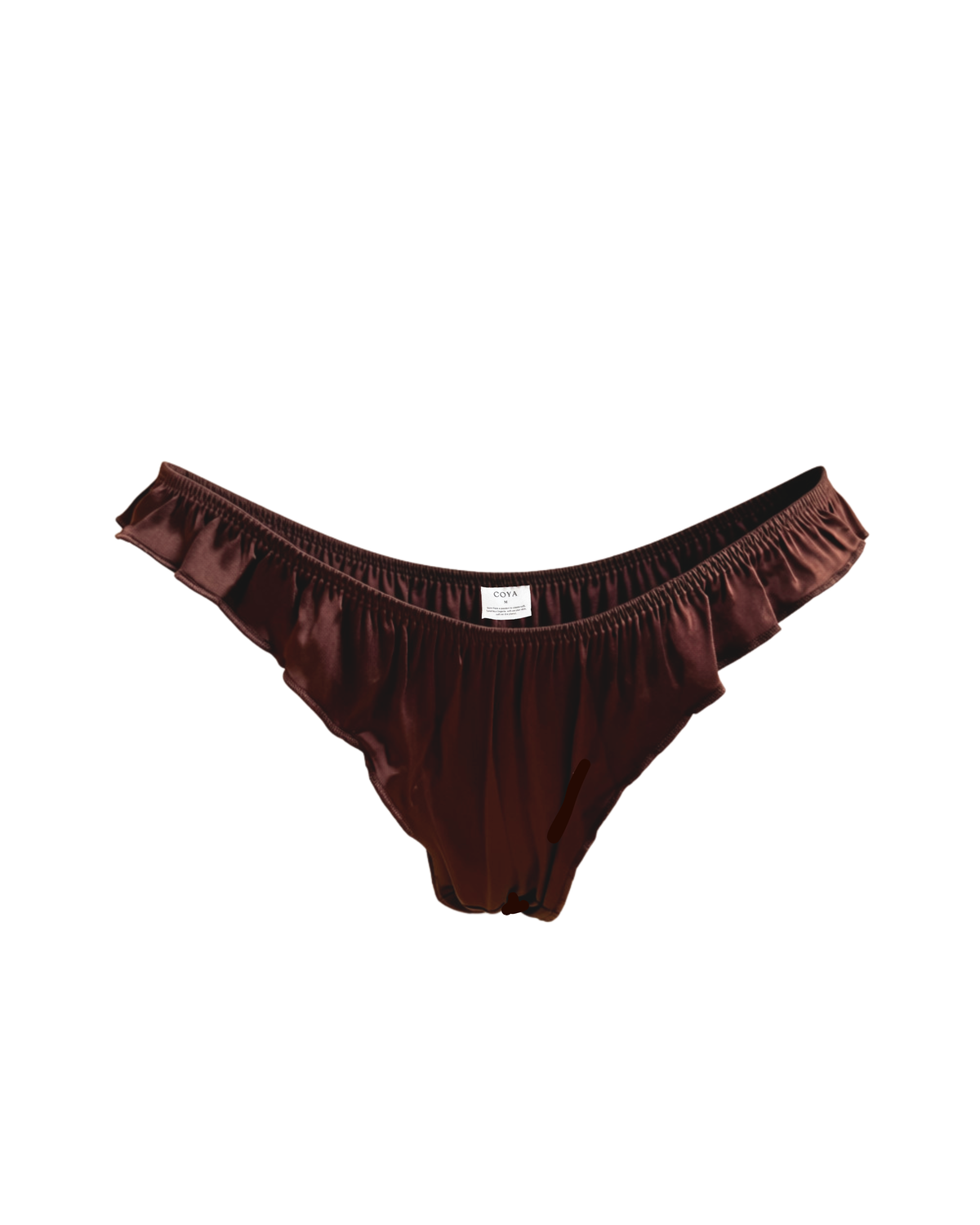 The Silk Thong: a high-cut thong in deep brown mulberry silk with a soft ruffled edge